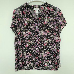 Vintage Jones New York Black Sheer Silk Floral Short-Sleeve Blouse